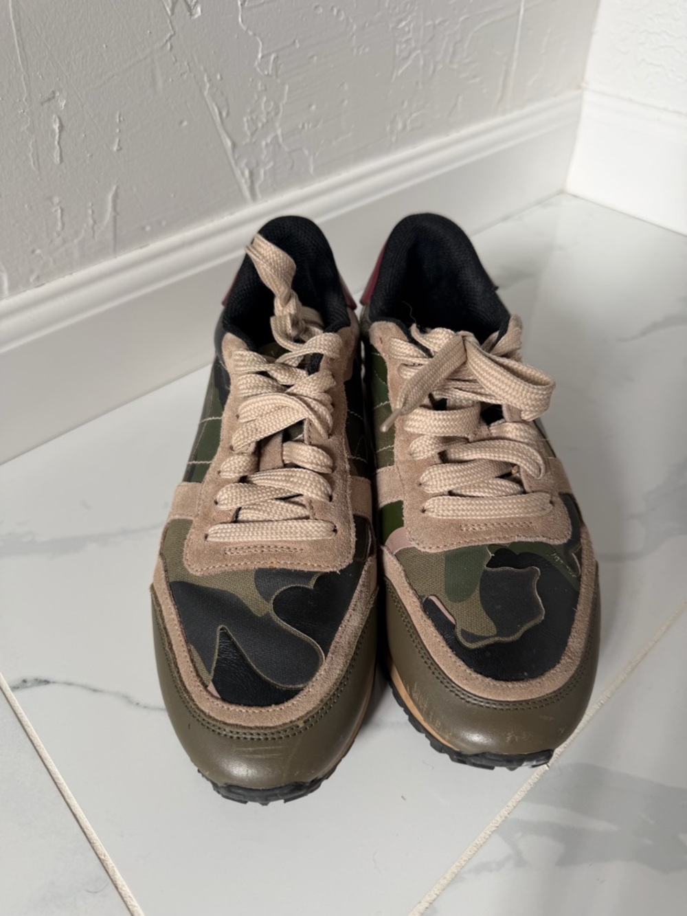 Valentino Camo Leather & Suede Sneakers in Olive, Beige, Black